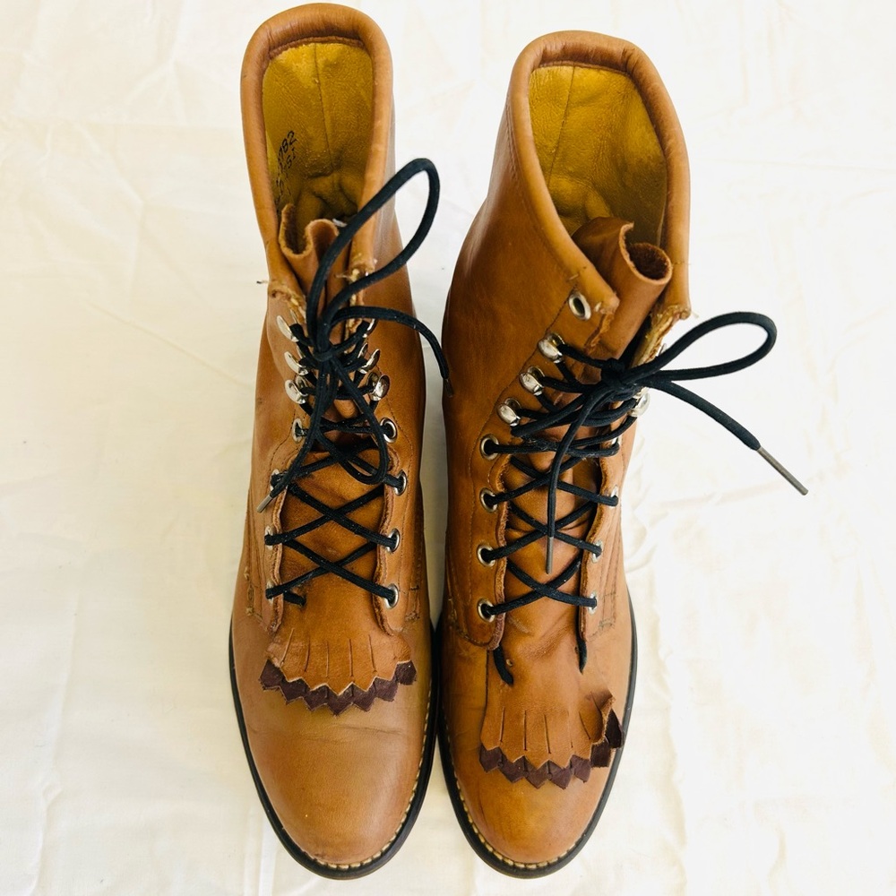 Laredo Tan Lace-Up Leather Roper Boots - Picture 13 of 16